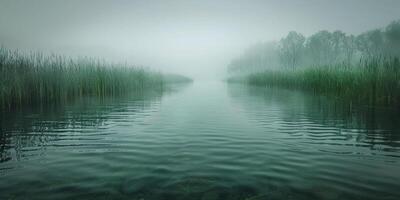Misty morning over a tranquil waterway surrounded by tall reeds at dawn photo