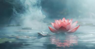 Serene pink lotus blooming on calm water surrounded by gentle mist in a tranquil setting photo