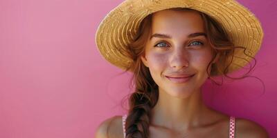 Young woman in a straw hat smiles brightly against a vibrant pink wall in summer photo