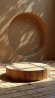 Minimalist wooden platform against a circular wall feature in natural light photo