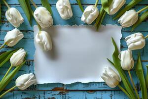 White tulips arranged around a blank card on a wooden table for personal messages and notes photo