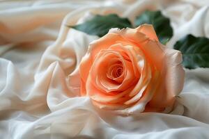 A delicate peach rose resting on soft, white fabric in a serene, tranquil setting photo