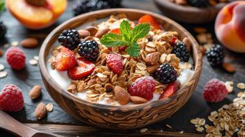 Delicious bowl of yogurt topped with fresh fruits and granola on a rustic wooden table photo