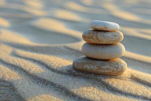 Tranquil beach scene with stacked stones at sunset by the shore photo