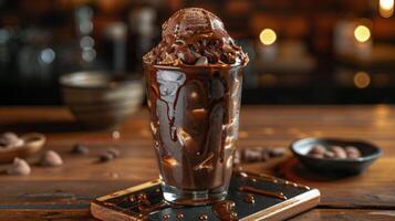 Delicious chocolate dessert with ice cream and toppings served in a glass on a wooden table photo