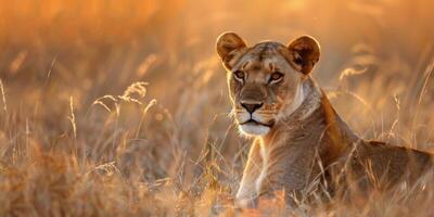A mother lion embracing her cub during golden hour in the African savanna, showcasing their bond photo
