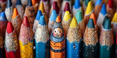 A lineup of colored pencils showcases unique portraits of diverse faces photo