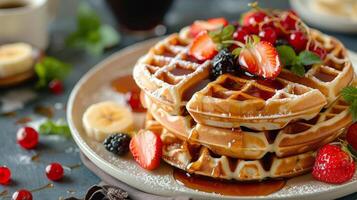 Delicious stack of fluffy waffles topped with fresh strawberries and red currants for breakfast photo