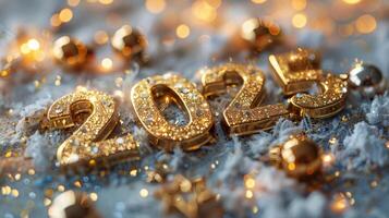 Golden numbers 2025 with shimmering lights and decorations on a snowy backdrop photo