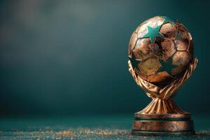 Golden trophy featuring a detailed soccer ball on a green background during a sports event photo