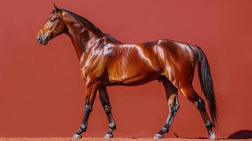 A stunning chestnut horse stands majestically against a blurred red backdrop in autumn photo