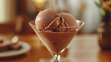 Chocolate ice cream in a glass with a spoon photo