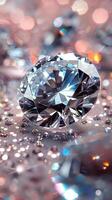 A dazzling diamond rests amid shimmering gems on a soft backdrop in bright lighting photo