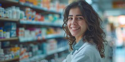 Young woman smiles while assisting customers at a busy pharmacy during daylight hours photo