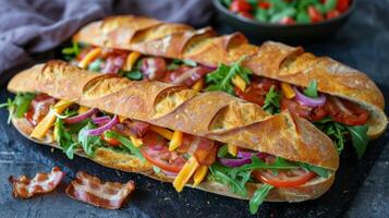 Delicious freshly made baguette sandwiches filled with bacon, vegetables, and greens on a platter photo