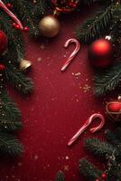 Christmas decorations with ornaments, pinecones, and candy canes on a rich red background photo