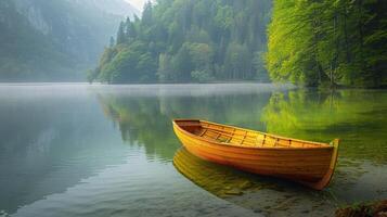 A tranquil yellow boat floats on a misty lake surrounded by lush green forest at dawn photo