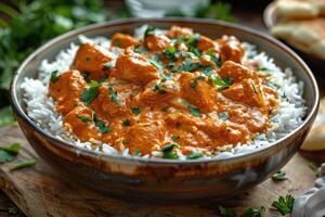 Delicious chicken curry served over fluffy rice garnished with fresh herbs for a hearty meal photo
