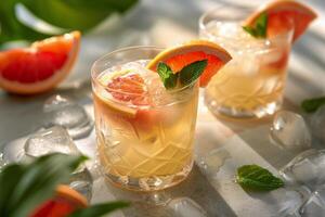 Refreshing grapefruit cocktails served with ice and mint on a sunny afternoon photo