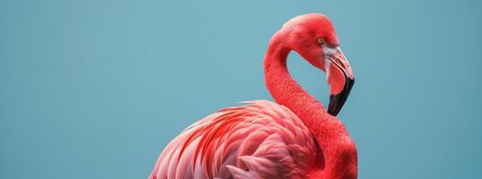 A vibrant flamingo posing gracefully against a solid blue background in natural light photo