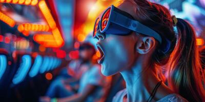 A young woman with oversized sunglasses enjoying neon lights in a vibrant urban setting at night photo