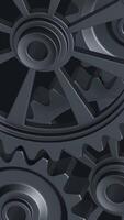 A close-up perspective showcases a series of rotating interlocking metal gears, highlighting the precise engineering and the complexity of mechanical design in machinery. vertical footage video