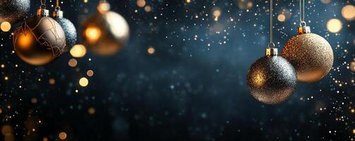 Festive holiday ornaments hang gracefully against a shimmering dark background with blurred lights photo