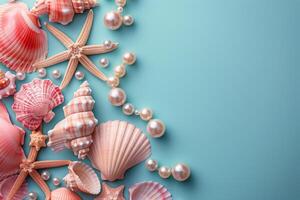 Discovering the beauty of seashells and pearls on a pastel beach inspired background photo