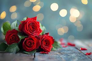 A bouquet of red roses arranged elegantly on a vintage wooden table near a sunlit window photo