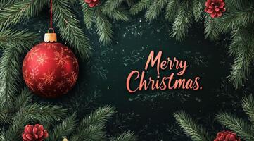 Festive Christmas greeting card design with pine branches and red ornament in winter season photo