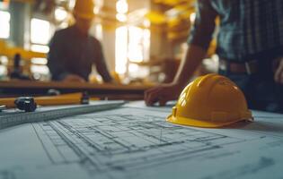 Construction professionals collaborating on architectural plans during a project meeting photo
