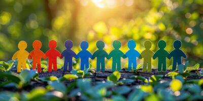 Colorful paper figures holding hands in a vibrant outdoor setting during daylight hours photo