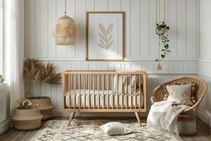 Stylish rattan daybed with decorative cushions and wall art in a modern living room photo