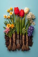 Colorful spring flowers and gardening tools arranged artistically against a vibrant blue background photo