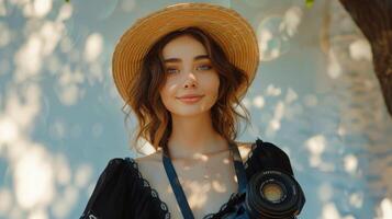 A young woman with a straw hat smiles in a sunlit room adorned with greenery photo