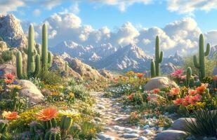 Vibrant wildflower field with cacti and mountains under sunny sky in springtime photo