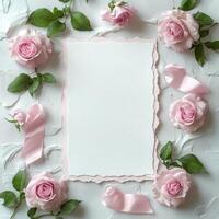 Delicate pink roses and bows surrounding a blank square, perfect for invitations or messages photo