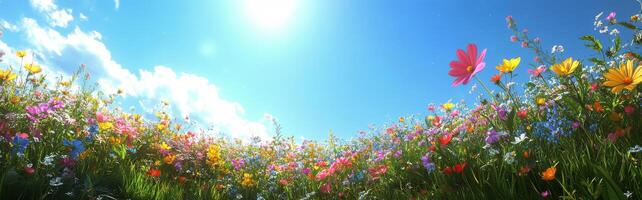 Vibrant wildflower field under a clear blue sky with bright sunlight shining on colorful blooms photo