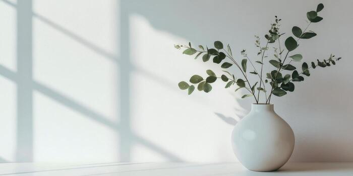 Elegant white vase with greenery casting soft shadows in a sunlit room photo
