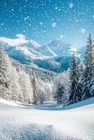 Beautiful winter landscape with snow covered mountains and trees on a snowy day photo