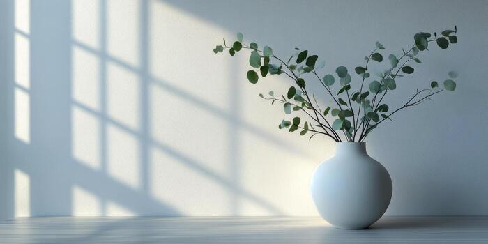 Eucalyptus branches arranged in a minimalist white vase on a soft grey surface photo