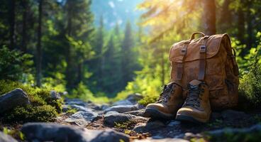 Hiking boots and a backpack on a forest trail during golden hour photo