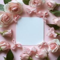 Delicate pink roses and bows surrounding a blank square, perfect for invitations or messages photo