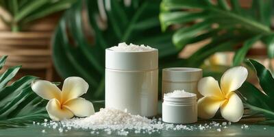 Relaxing spa setup with natural salt and cream containers amidst tropical leaves photo