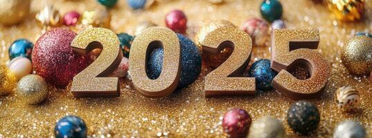 Festive New Year decorations featuring colorful 2025 numbers and shimmering ornaments photo