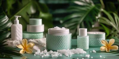 Relaxing spa setup with natural salt and cream containers amidst tropical leaves photo