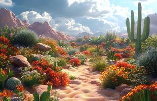Vibrant wildflower field with cacti and mountains under sunny sky in springtime photo
