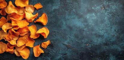 Colorful sweet potato chips scattered on a blue textured surface in natural light photo