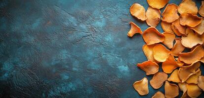 Colorful sweet potato chips scattered on a blue textured surface in natural light photo