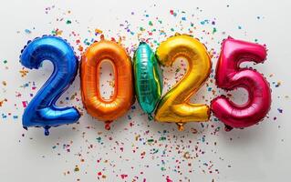 Colorful balloons display the year 2025 against a festive backdrop of confetti and vibrant colors photo